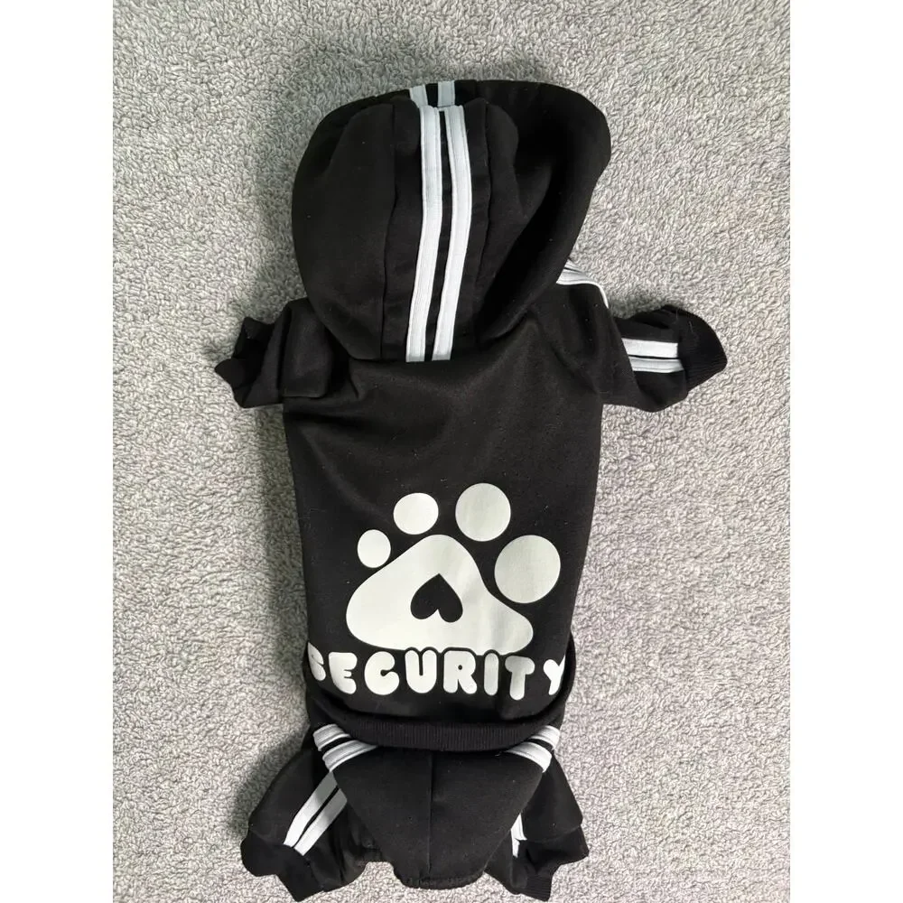 Security Dog Tracksuit M Black Hooded Jumpsuit Paw Print